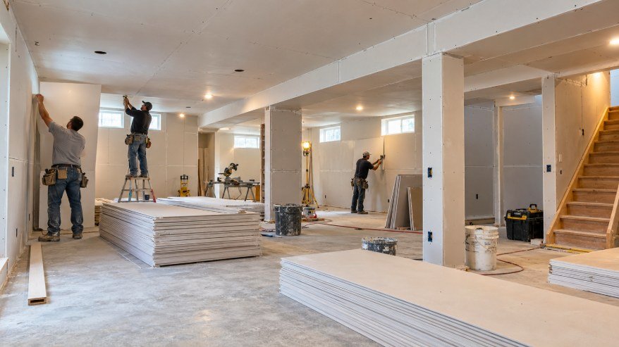 Drywall crew installing wall and ceiling panels around columns in a basement