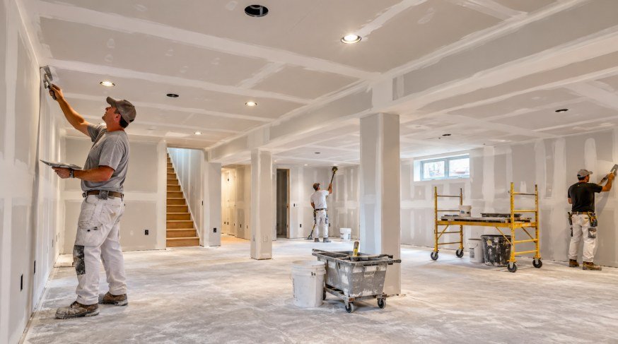 Drywall crew finishing walls, soffits and columns in a basement remodel