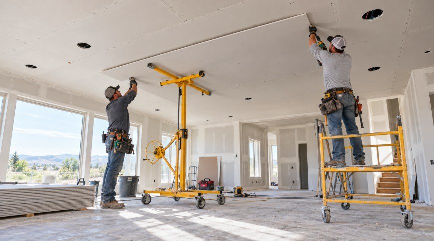 Installers using a drywall lift to hang ceiling panels around recessed lights