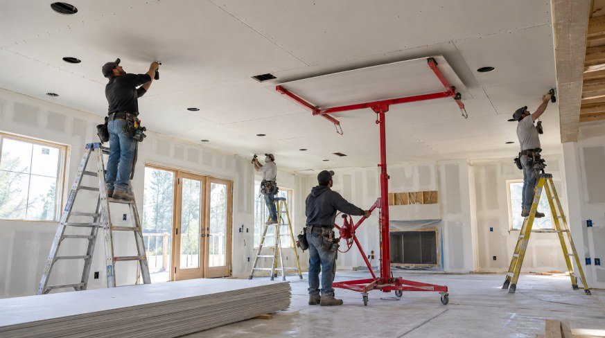 Installers using a drywall lift to hang ceiling panels around recessed lights