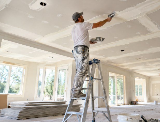 Drywall finisher on a ladder mudding ceiling seams in a new home