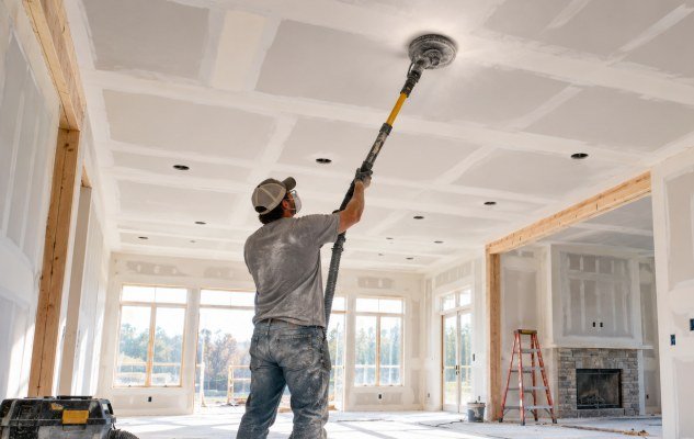 Drywall finisher sanding a ceiling with a long-reach power sander