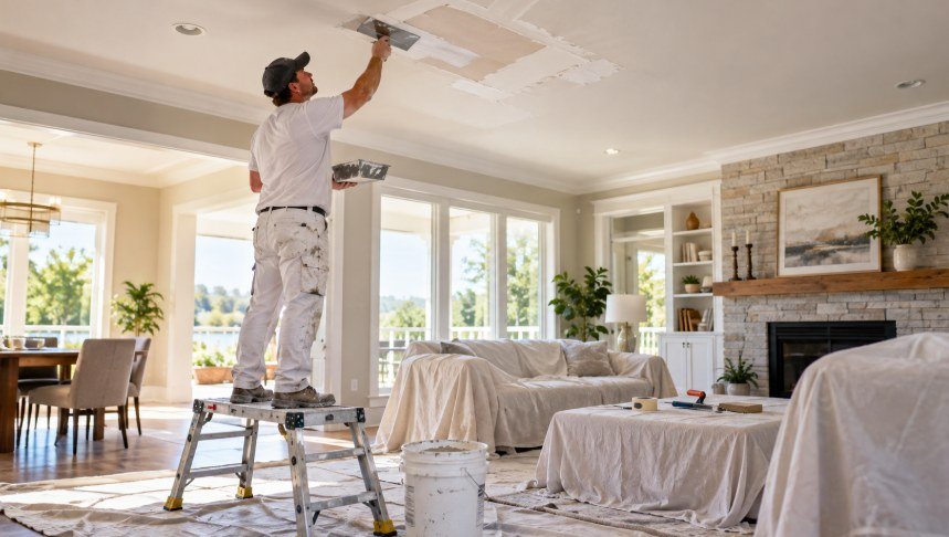Drywall technician finishing a ceiling patch in a protected Los Angeles living room