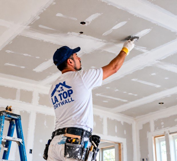 Drywall finisher applying compound to ceiling drywall seams