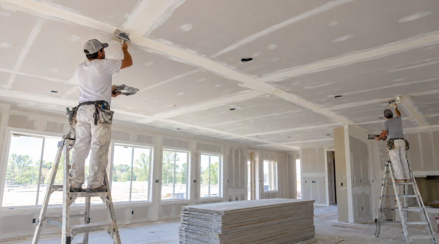 Drywall finishers on ladders taping ceiling joints in a new home