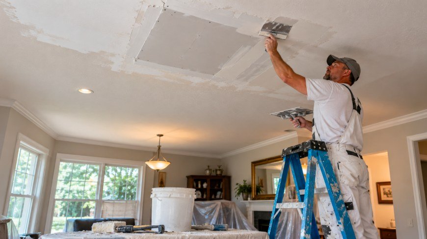 Drywall technician on a ladder finishing a ceiling patch after leak damage