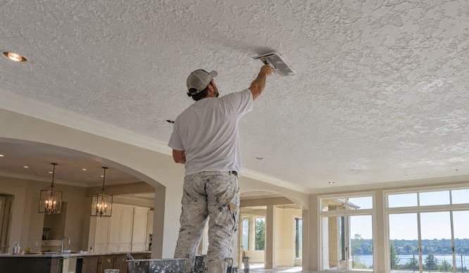 Drywall finisher applying hand texture to a ceiling in an open living area