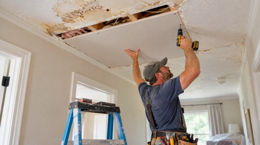 Technician installing new drywall in a water-damaged ceiling opening