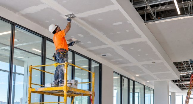 Commercial drywall finisher on scaffolding taping ceiling joints in an office