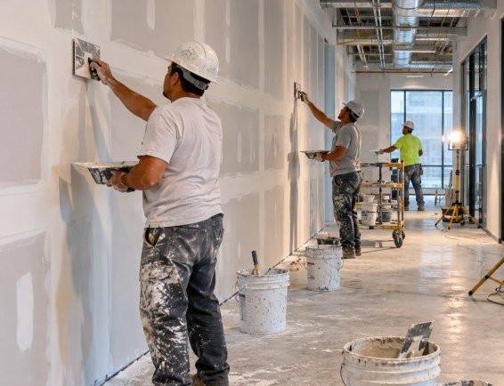 Commercial drywall crew mudding corridor walls in an office build-out