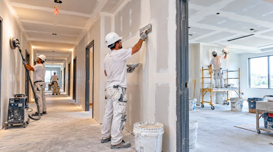 Commercial drywall crew taping, sanding and finishing corridor and room walls