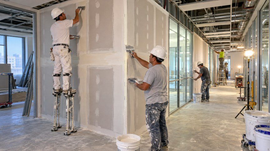 Commercial drywall crew on stilts taping and finishing office corridor walls