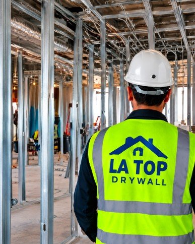 LA Top Drywall crew member in hard hat and safety vest at commercial metal stud framing