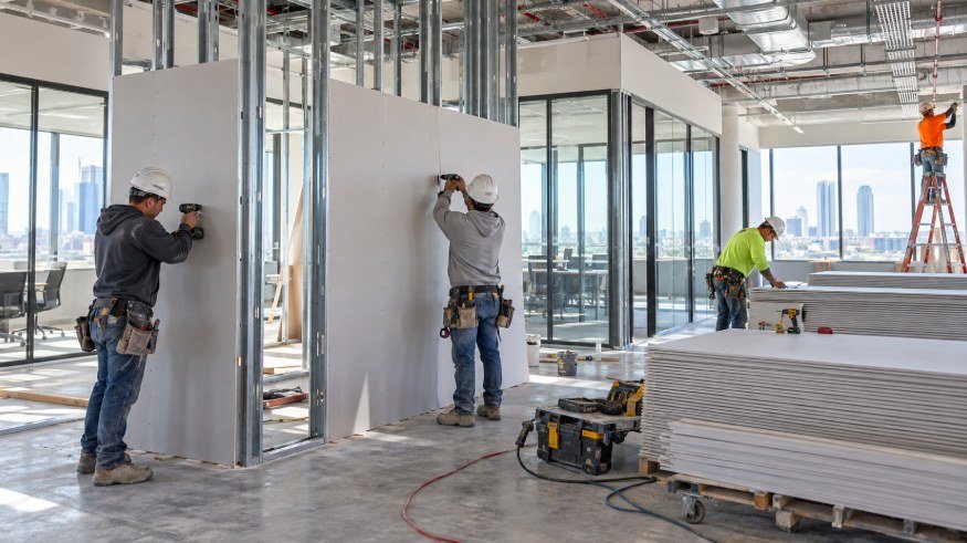 Crew installing Sheetrock on metal stud office partitions in a high-rise