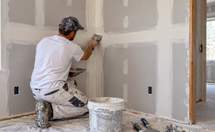 Drywall finisher mudding an inside corner and taped seams