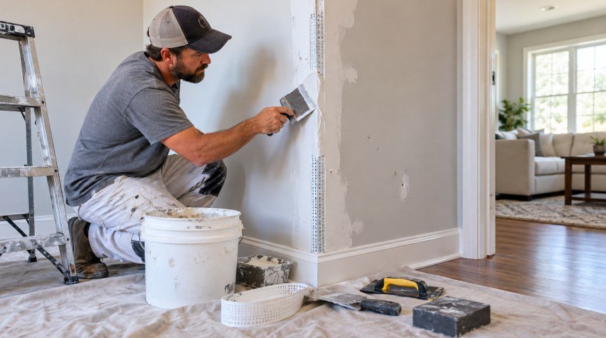 Technician applying compound over new corner bead on an outside wall corner