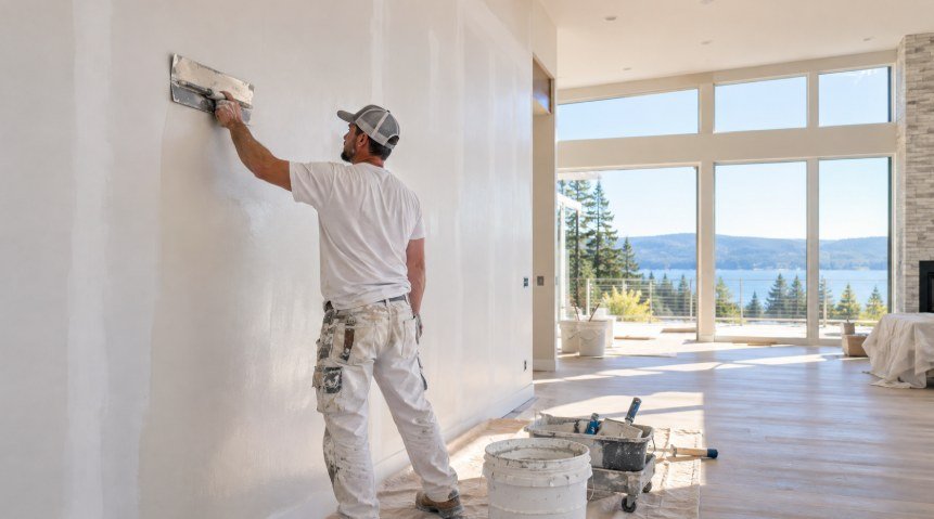 Drywall finisher skim coating a smooth Level 5 wall in a bright modern home
