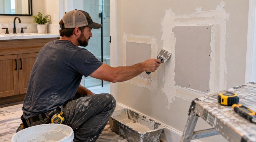 Drywall technician mudding two new patches in a bathroom wall