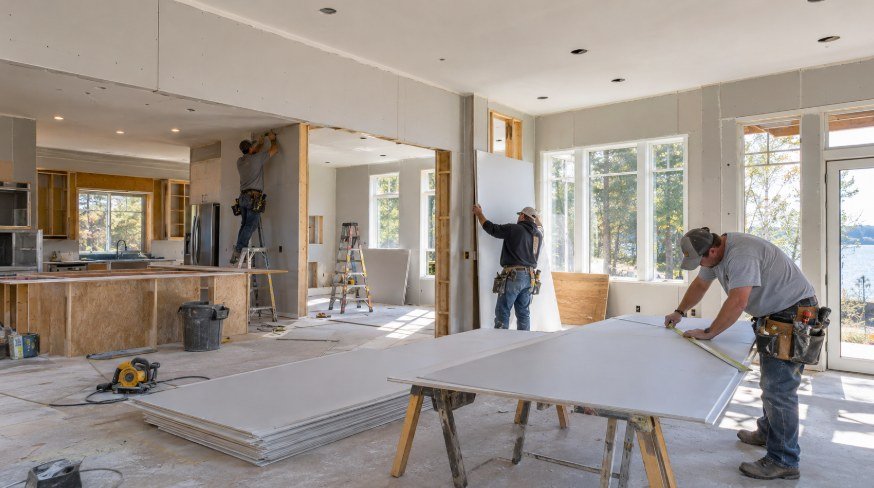Drywall installers measuring, cutting and hanging panels in a home remodel