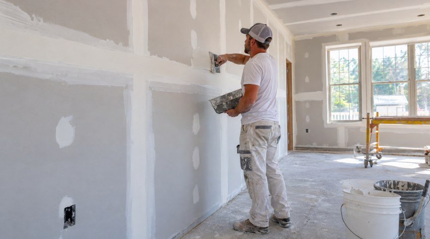 Drywall finisher applying joint compound over taped seams on new drywall