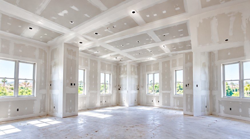 Newly hung and taped drywall room with coffered ceiling and large windows