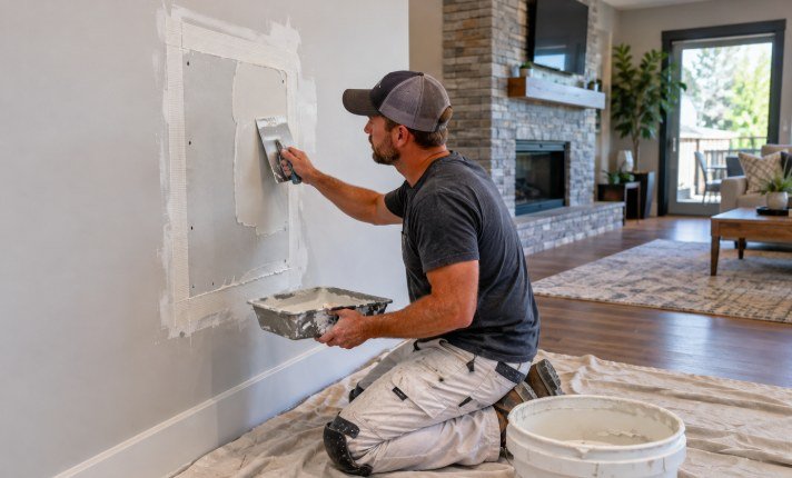 Technician feathering joint compound over a taped drywall patch in a living room