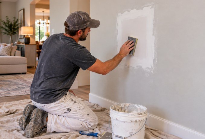 Technician hand sanding a finished drywall patch in a living room