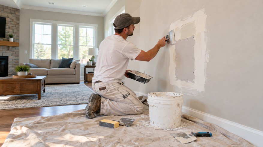 Drywall technician finishing a wall patch in a Los Angeles living room
