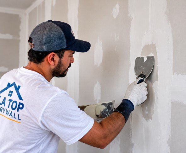 Technician applying joint compound to repair a drywall patch