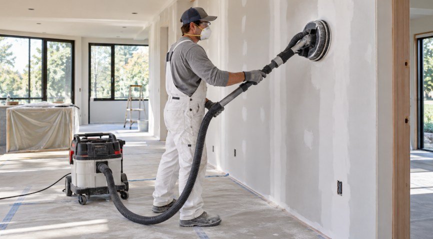 Drywall finisher sanding walls with a vacuum-assisted power sander for dust control