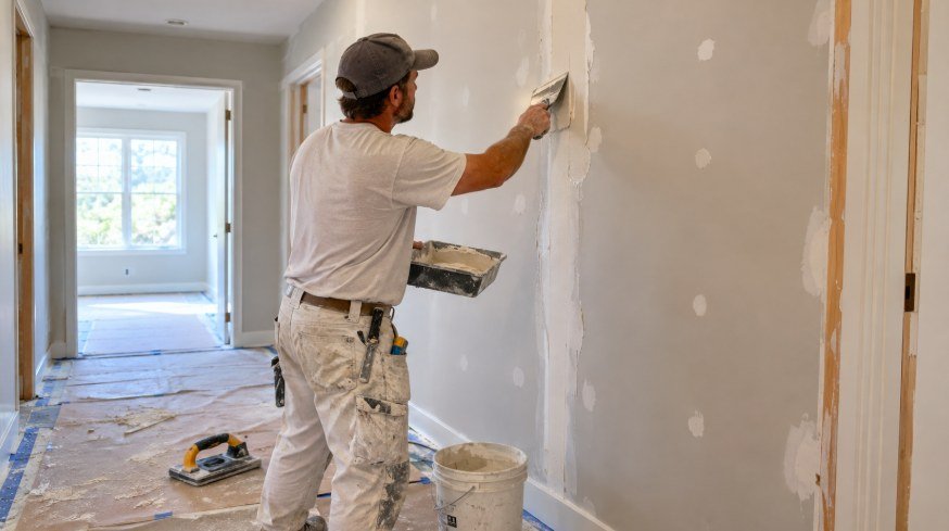 Drywall finisher applying joint compound to a wall seam in a hallway