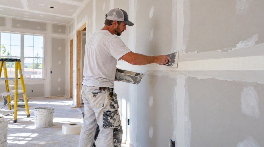 Drywall finisher embedding tape along a wall seam with a taping knife
