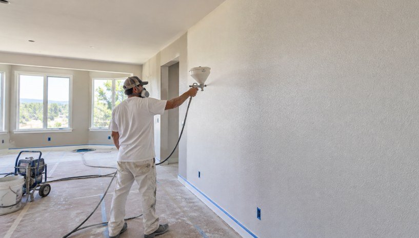 Drywall finisher spraying texture on a wall with a hopper gun