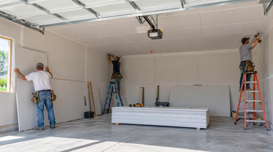 Installers hanging drywall on garage walls and ceiling around the door opener