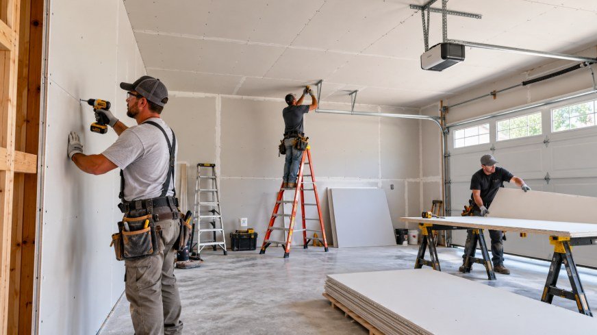 Drywall installers hanging wall and ceiling panels in a residential garage