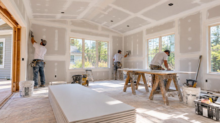 Drywall finishers taping and mudding walls in a new home addition