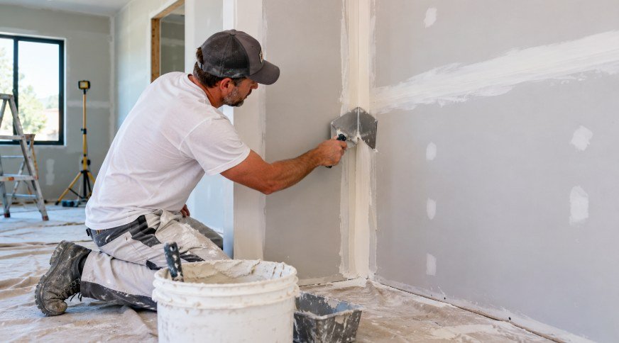 Drywall finisher using a corner tool to tape an inside corner