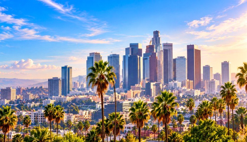 Downtown Los Angeles skyline with palm trees