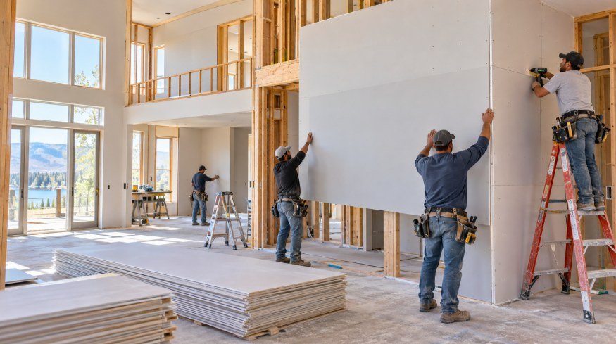 Drywall crew hanging tall wall panels in a new construction home