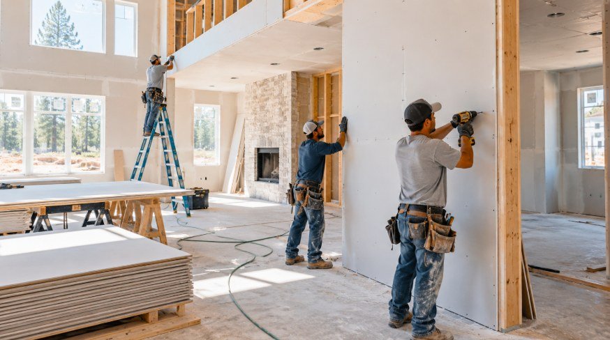 Drywall crew hanging panels in a new home with a stone fireplace and tall windows