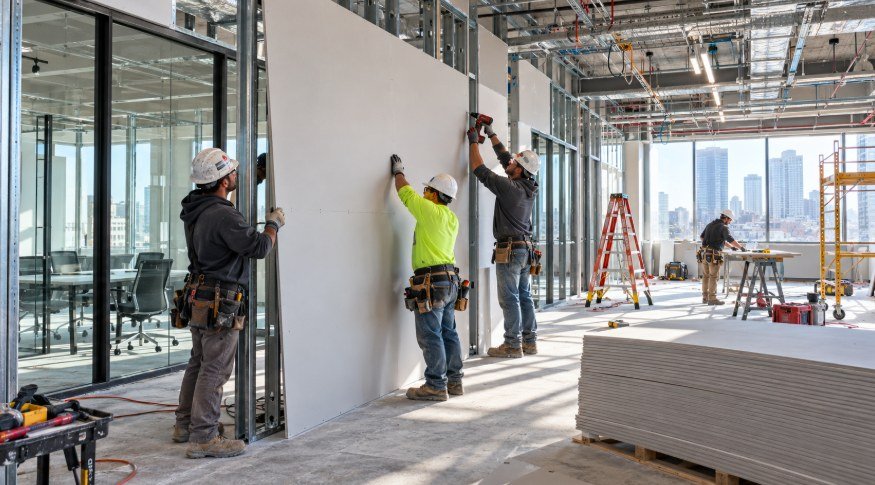 Drywall crew hanging panels on metal stud office partitions in a high-rise