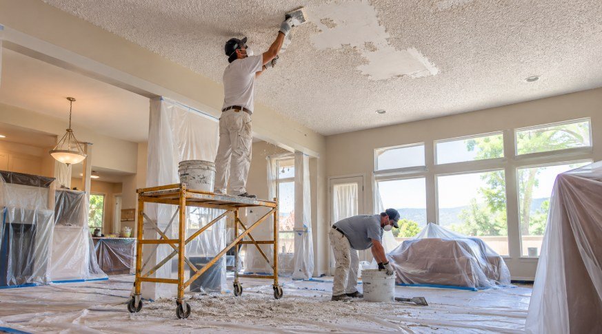 Crew scraping a popcorn ceiling in a room fully protected with plastic sheeting