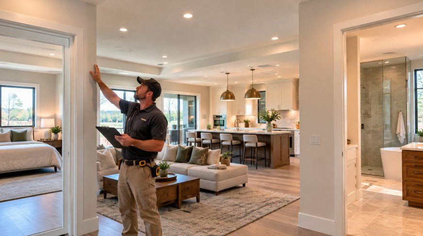 Drywall contractor inspecting finished walls in an open-concept Los Angeles home