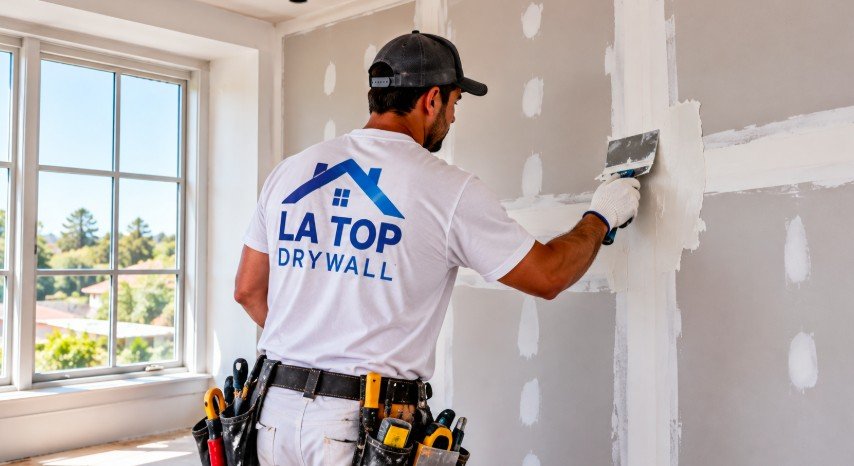 LA Top Drywall installer taping and finishing drywall seams in a Los Angeles home