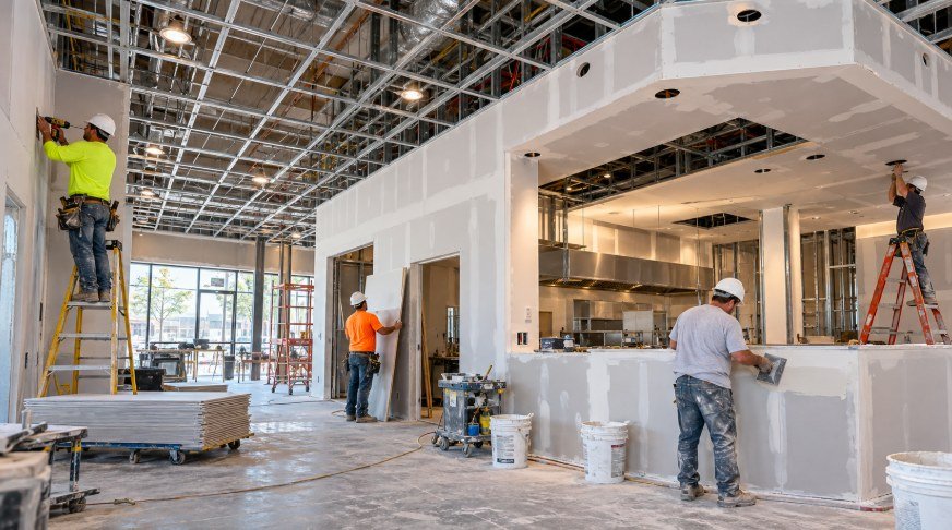 Drywall crew finishing walls, soffits and a bar front in a restaurant build-out
