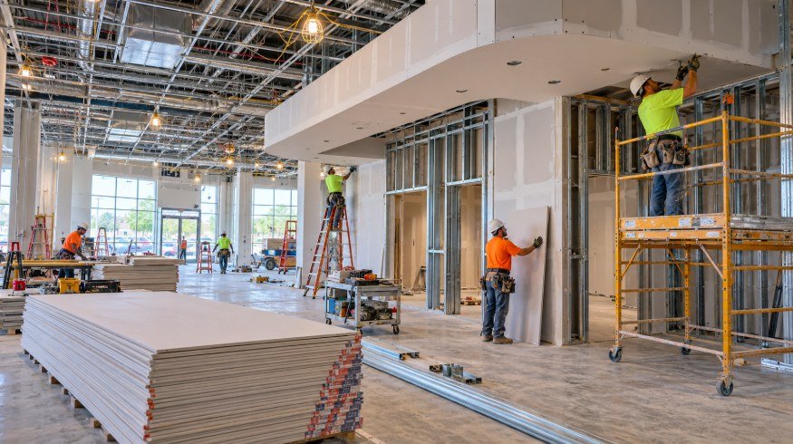 Drywall installers building soffits and metal stud walls in a retail space