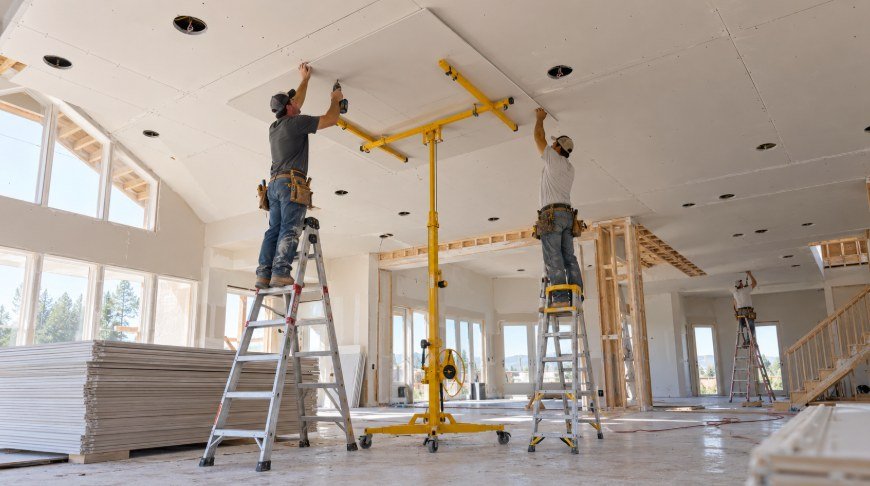 Installers using a panel lift to hang Sheetrock on a vaulted ceiling