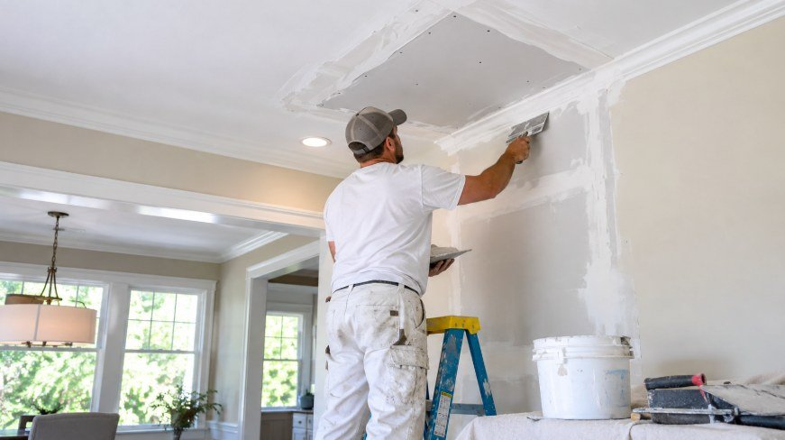 Drywall technician finishing a ceiling and wall Sheetrock repair in a dining room