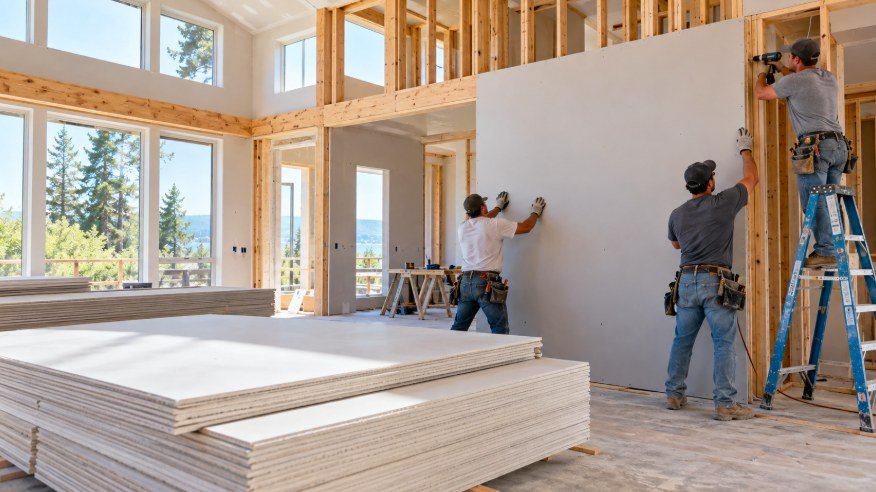 Crew hanging Sheetrock panels on a tall wall in a new home