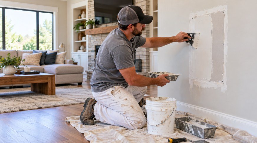 Technician finishing a Sheetrock patch on a living room wall